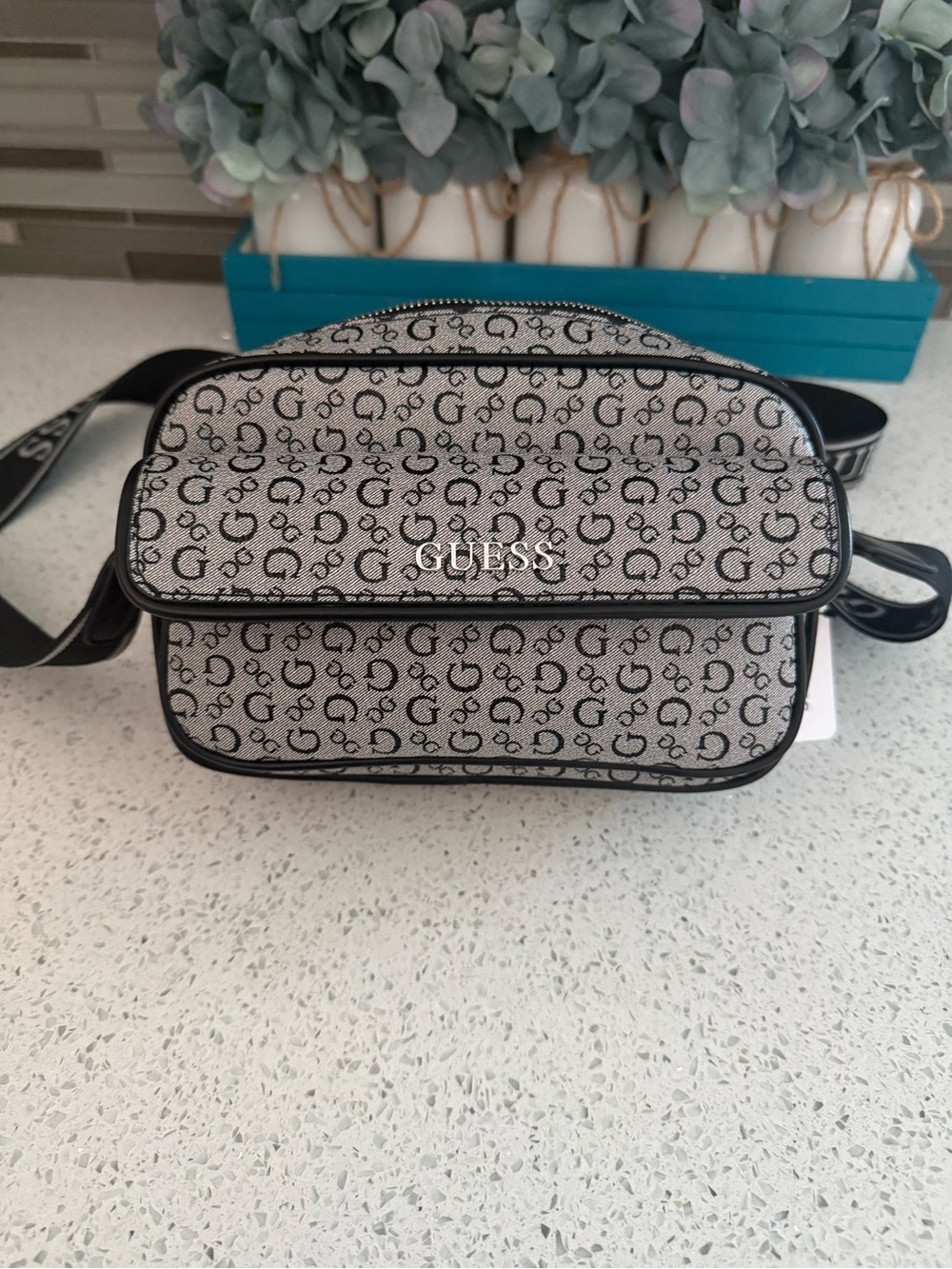 Guess Logo-Print Crossbody Bag in White and Black - Picture 2 of 6